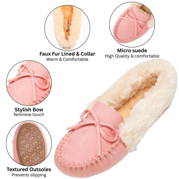 AlpineSwiss Leah Womens Shearling Moccasin Slippers Faux Fur Slip On House Shoes - Picture 3 of 7